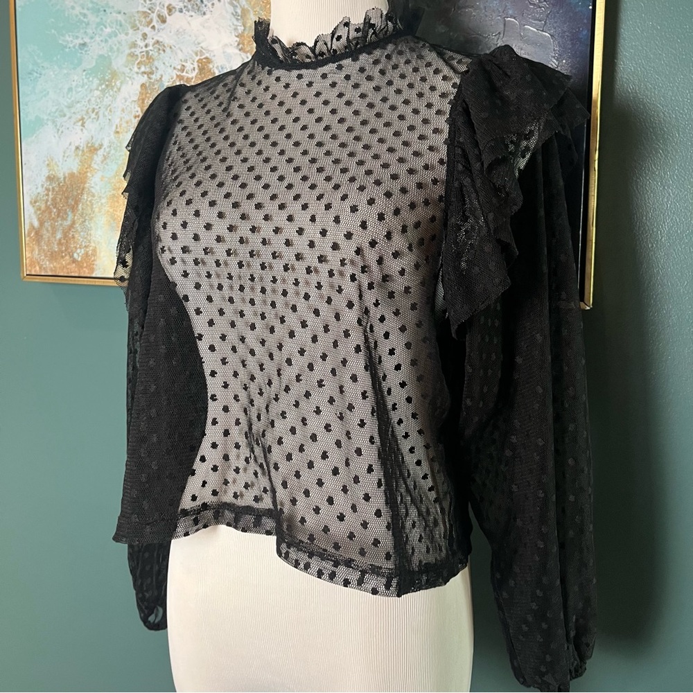 Zara Sheer Polka Dot Ruffled High-Neck Top - Picture 2 of 7
